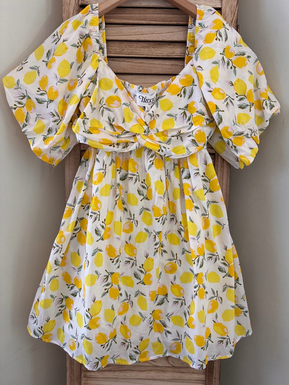 Trixxi Los Angeles Lemon Print Puff Sleeve Mini Dress Yellow White Large NWT